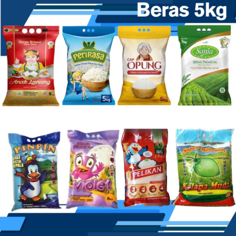 

BERAS 5KG [ PINPIN, OPUNG, PERIRASA, PELIKAN, KELAPA MUDA, VIOLET, ANAK LANANG, DLL ]