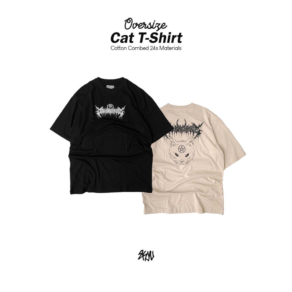 T-Shirt Oversize Cat Metal Black Cream by Ekyu