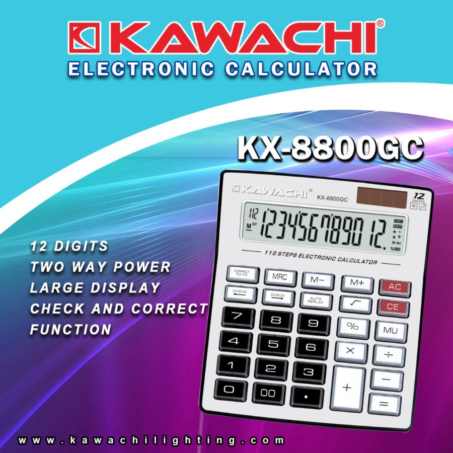 

Kawachi Kalkulator Jumbo Calculator KX 8800GC 12 Digit Solar + Battery