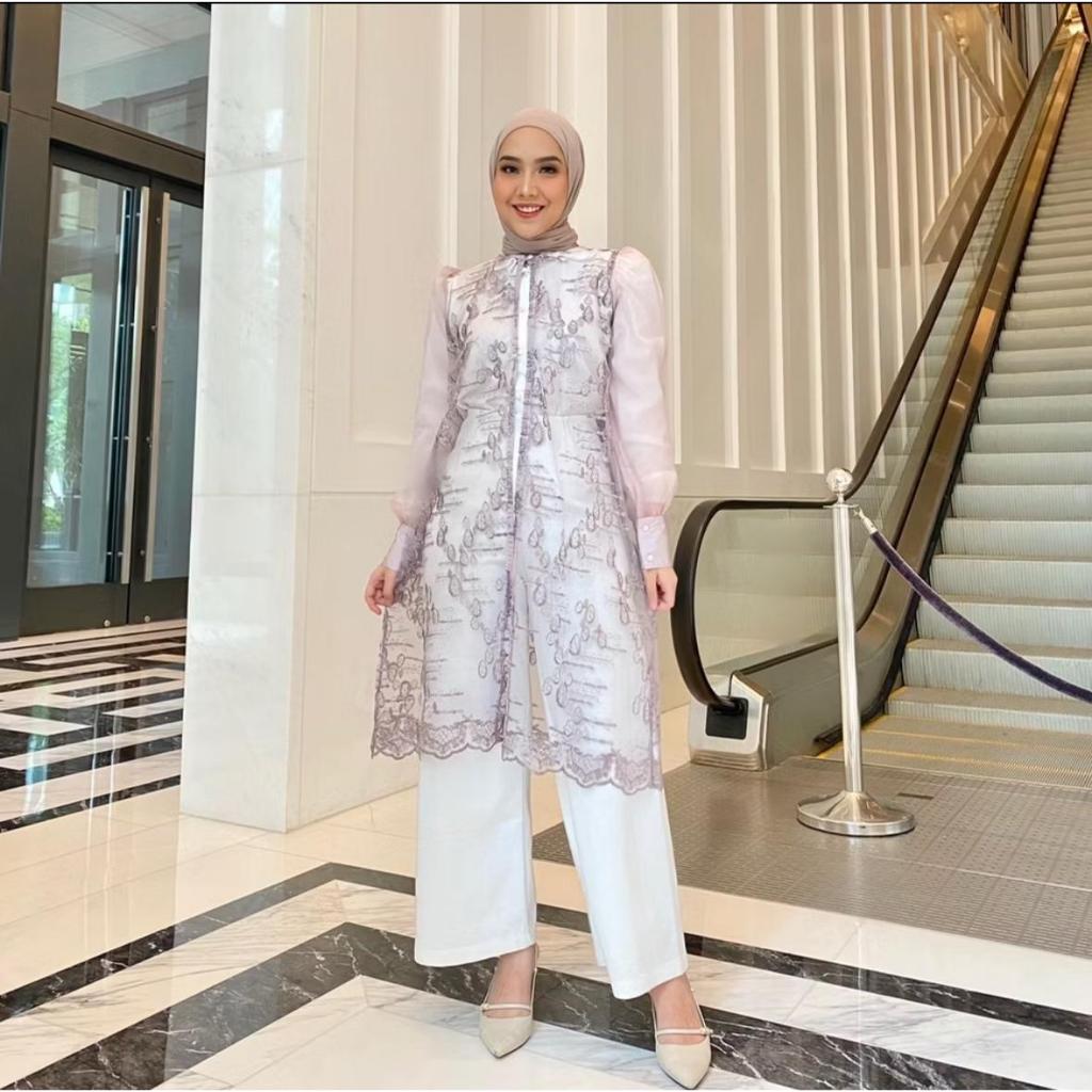 Jasmine Outer Kondangan Lamaran Puffy | Long Outer Brukat Tile Motif Etnik Cardigan Wanita