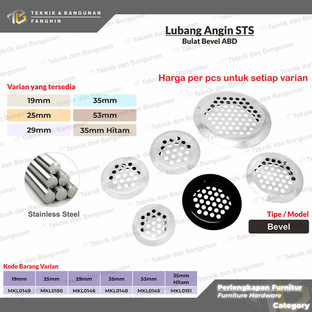 PENUTUP LUBANG ANGIN VENTILASI UDARA PLAT HAWA BULAT STAINLESS STEEL LEMARI KABINET BEVEL ABD