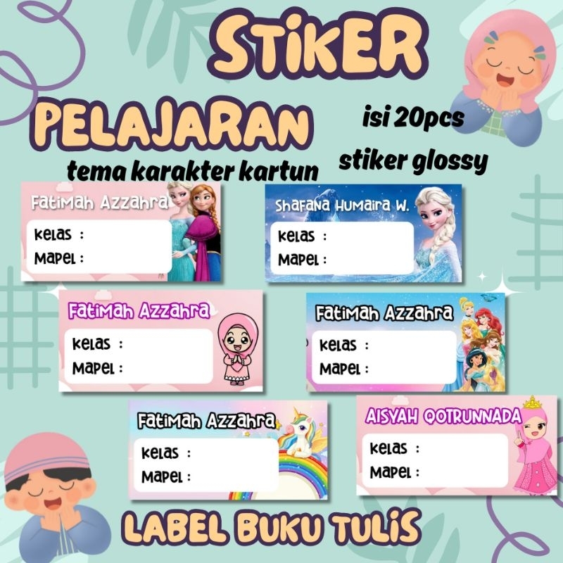 

Stiker label pelajaran/stiker buku tulis/isi 20pcs glossy/custom nama/label buku pelajaran