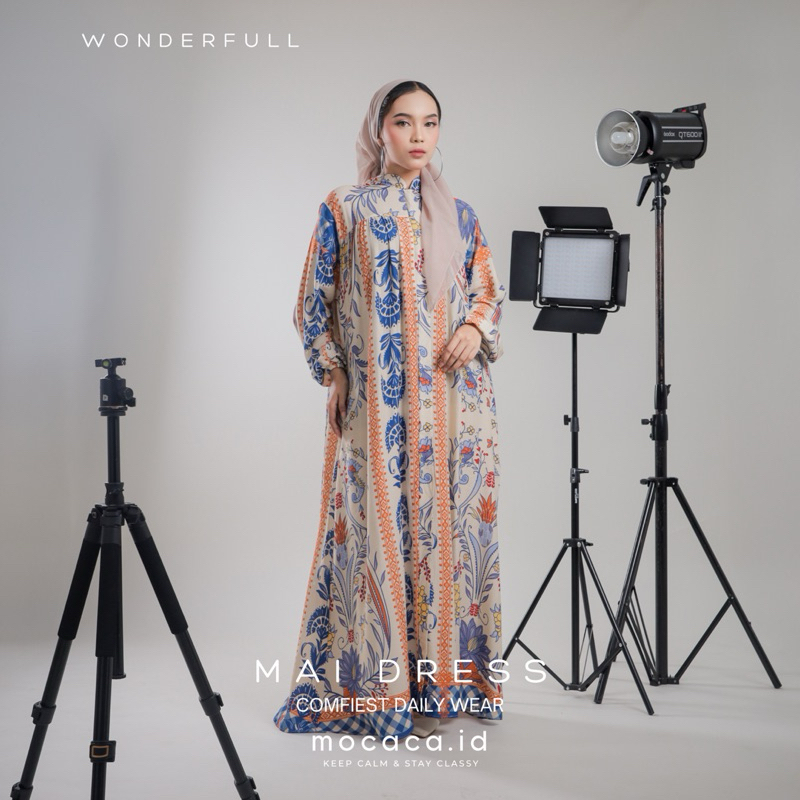 Hazel Dress Cream Flower Gamis Rayon Motif Premium Lengan Balon Babydoll 3 Susun ada tali samping A 