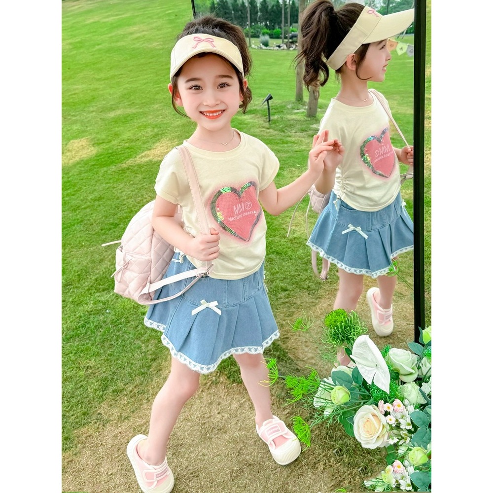 ( 1-4 Tahun ) Setelan Baju & Rok Jeans Anak Perempuan Model Baju Kaos Katun Lengan Pendek Motif Love