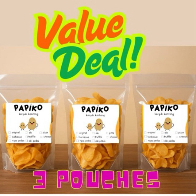 

PAPIKO - Keripik Kentang isi 3 BISA MIX RASA / Camilan Enak / Camilan Sehat dan Enak / Snack Anak