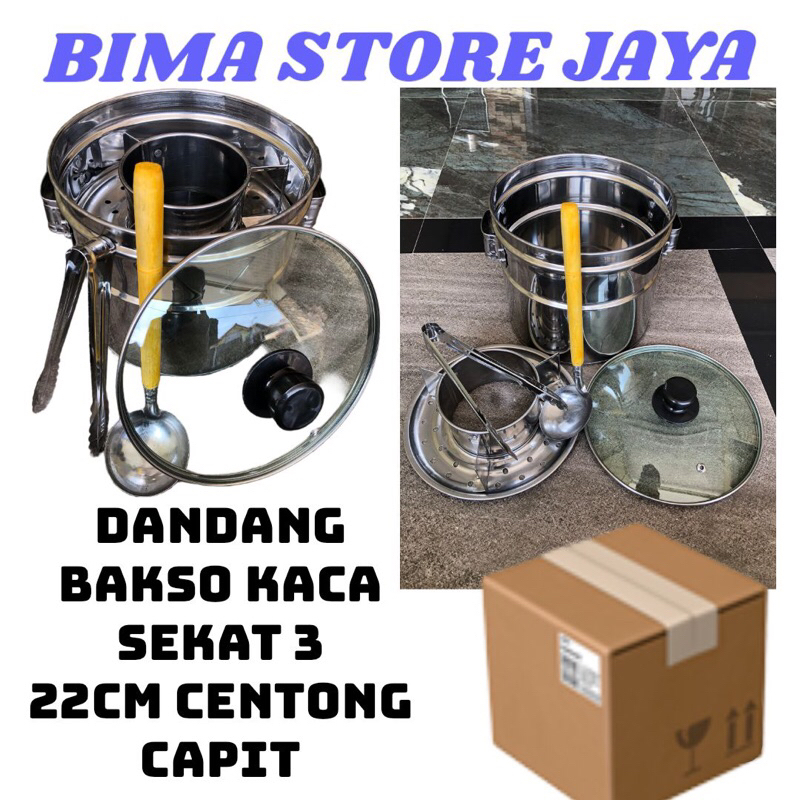DANDANG BAKSO MINI 22cm STAINLES KACA SEKAT 3  CENTONG CAPIT MURAH DAN FIRAL