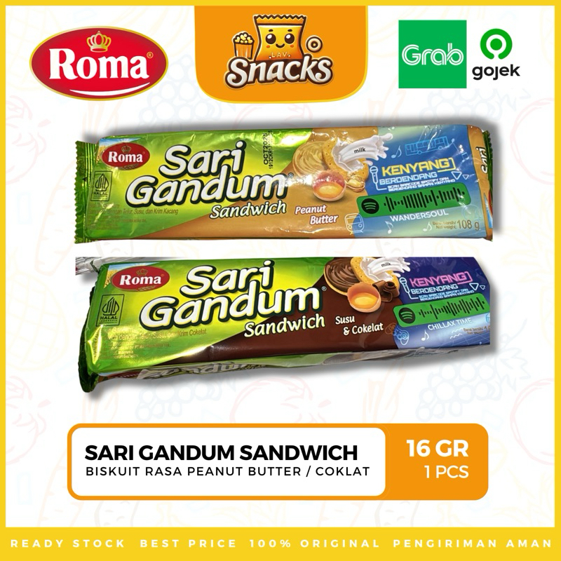 

Lav.Snacks︱Roma Biskuit Sari Gandum Sandwich Rasa Peanut / Susu & Coklat 108GR - 1 PCS
