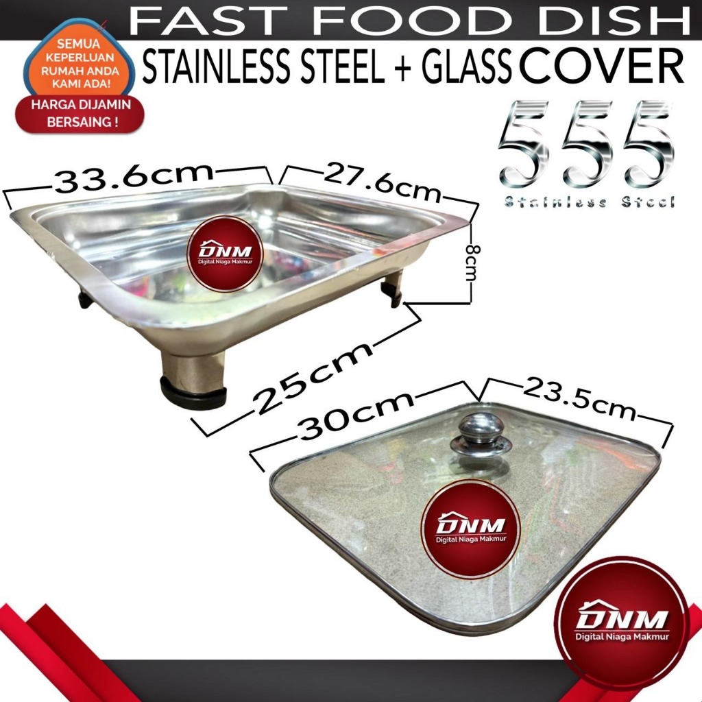 Tempat Prasmanan Fast Food 555 Stainless Steel dengan Tutup Kaca