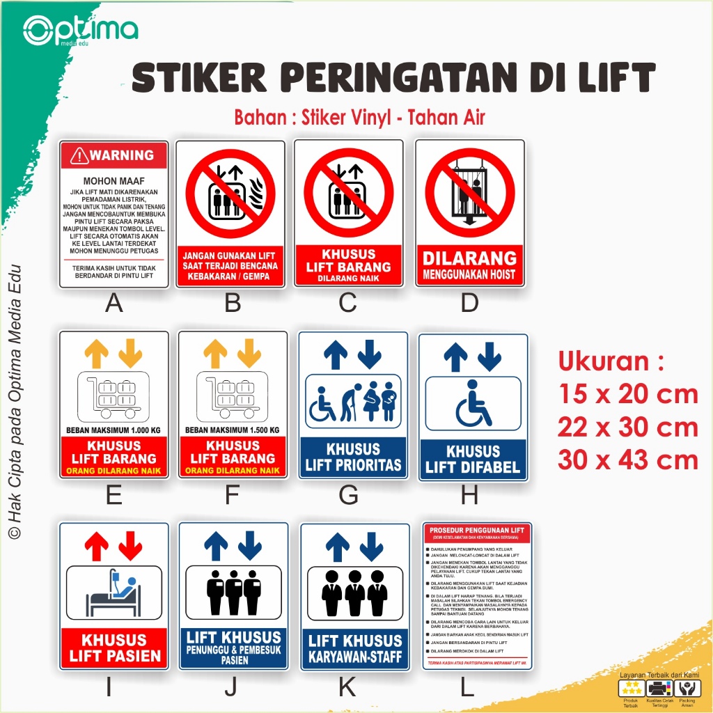 

Stiker Peringatan, Aturan, dan Larangan di dalam Lift, Lift barang, Lift khusus pasien, difabel