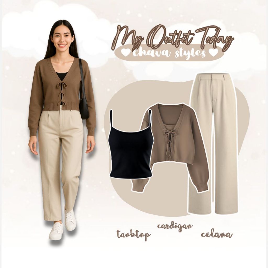 One Set Remaja Korean Style 3in1 (Tanktop+Cardigan Folia+Celana Knit Ivory) Outfit Best Seller CC64