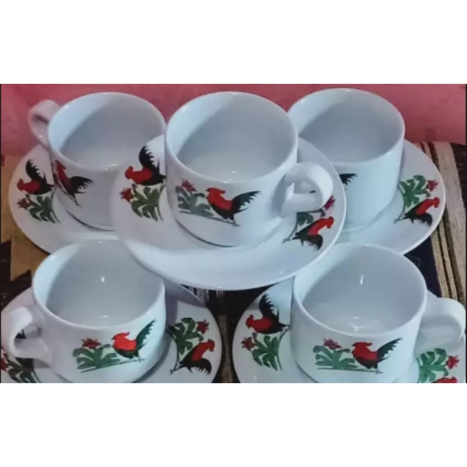Gelas Kopi Cantik Set Piring Tatak Cap Ayam Jago Keramik 6 Cangkir + 6 Piring Tatak