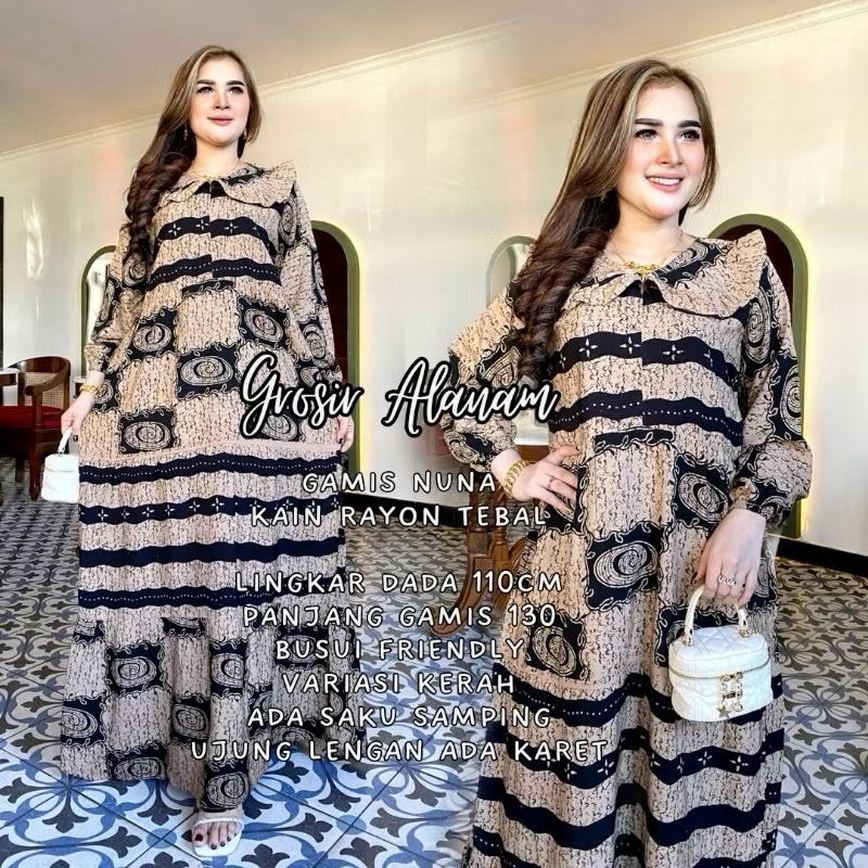 GAMIS NUNA - GAMIS RAYON KAIN TEBAL BATIK MOTIF KEKINIAN BUSUI FRIENDLY BAHAN HALUS ADEM