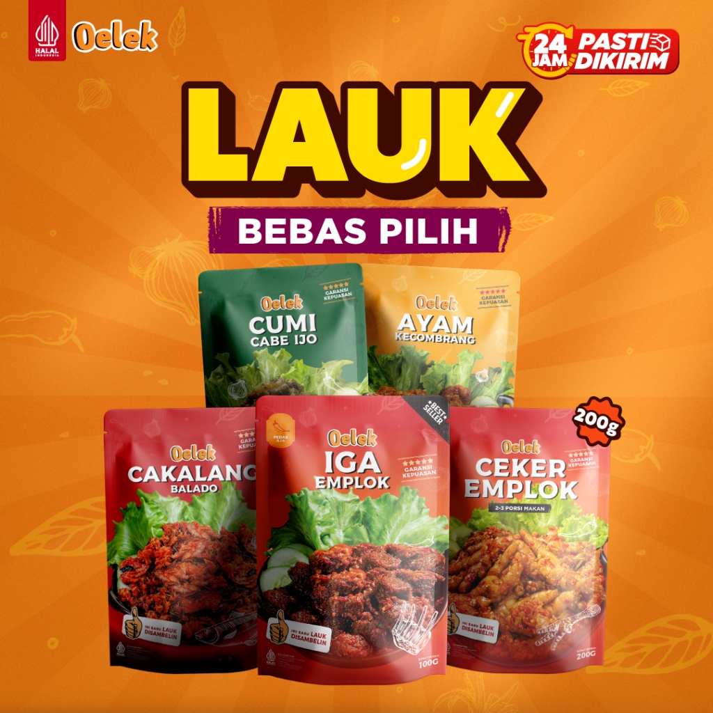

Oelek Lauk Siap Saji Satuan Iga/Ayam Kecombrang/Cumi Cabe Ijo/Cakalang Balado/Cumi Jeletot
