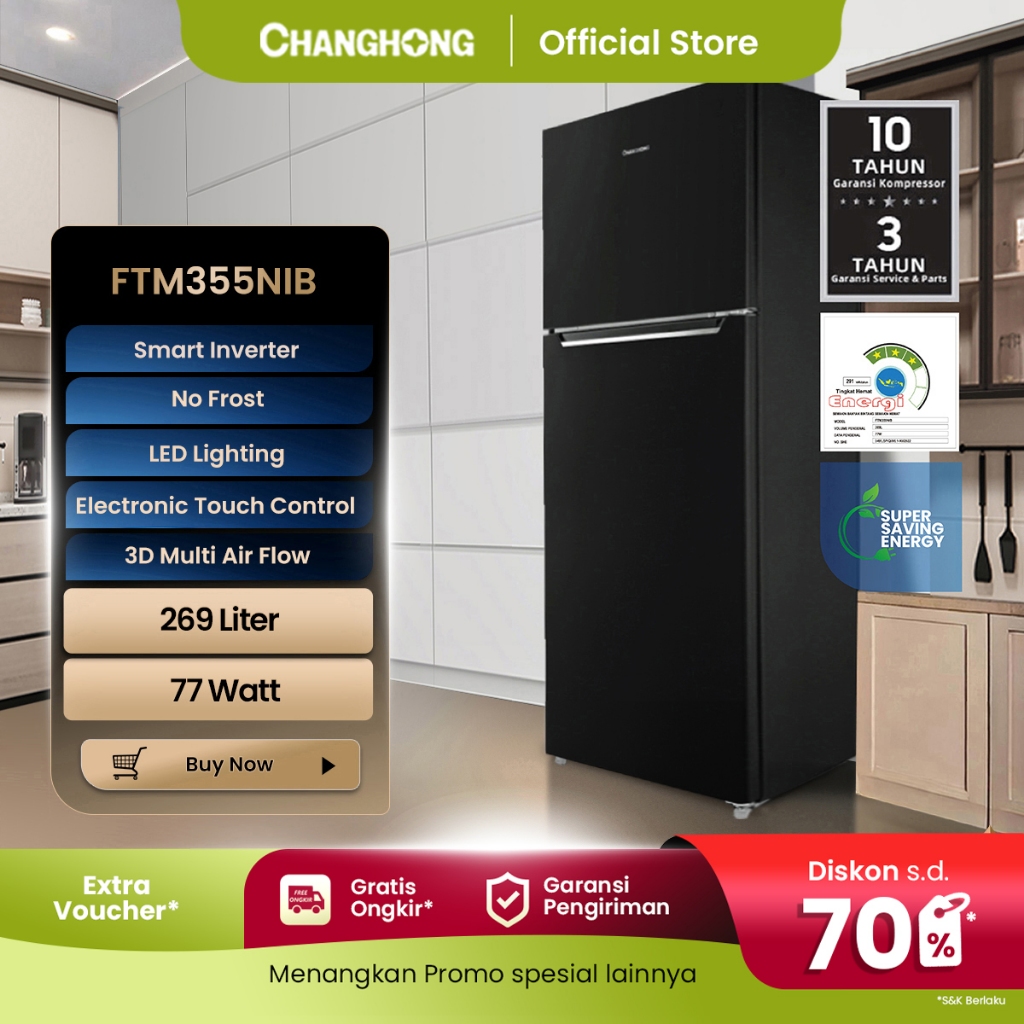 Changhong Kulkas 2 Pintu  (Refrigerator) kulkas Inverter No Frost tanpa Bunga Es Lemari Es Kapasitas