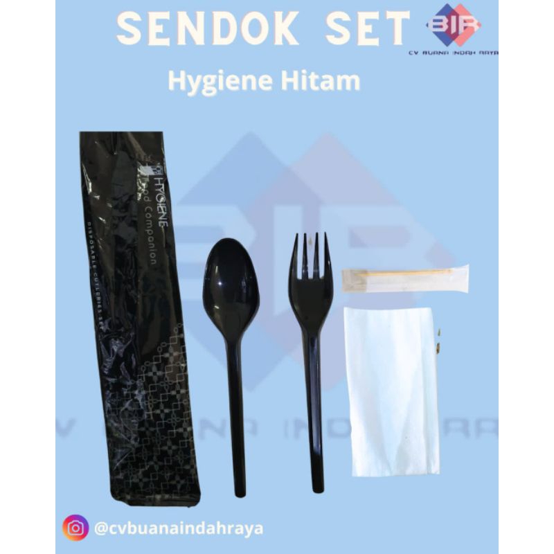 Sendok Set Hygiene Hitam Sendok + Garpu Gratis Tisu & Toothpick
