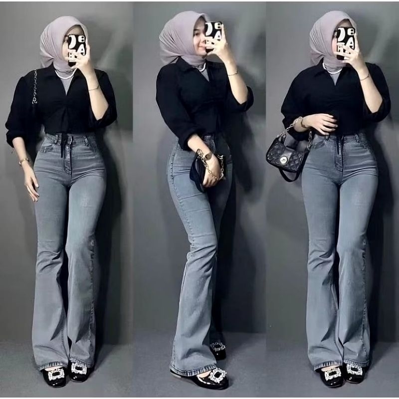 Celana highwaist cutbray jeans Stretch wanita dewasa