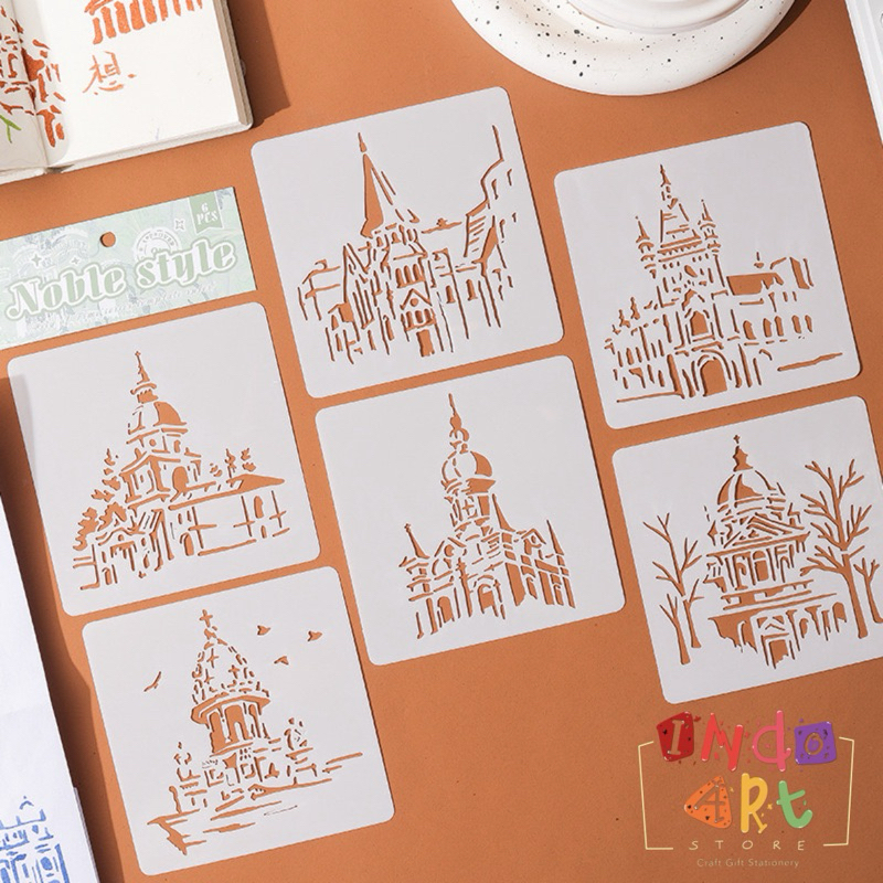 

(IAS) 6 pcs Cetakan PET Plastik Stencil Set Stensil Gambar Craft Lukisan Motif Tribal Abstrak Cake Flower Rose Retro Building Vintage