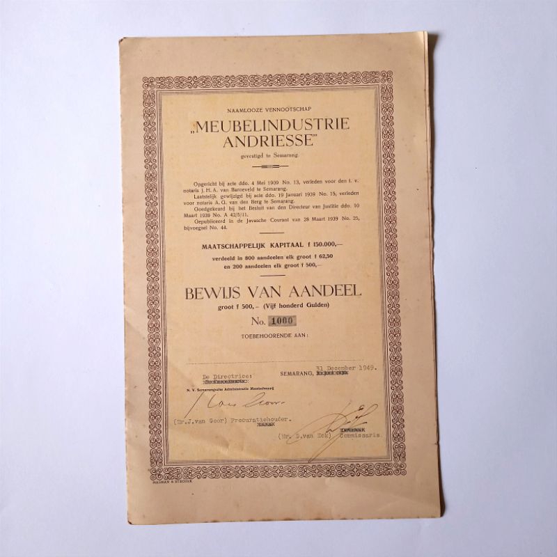

Antik Surat Obligasi Lama Era Kolonial MEUBELINDUSTRIE ANDRIESSE SEMARANG 1949 Tua