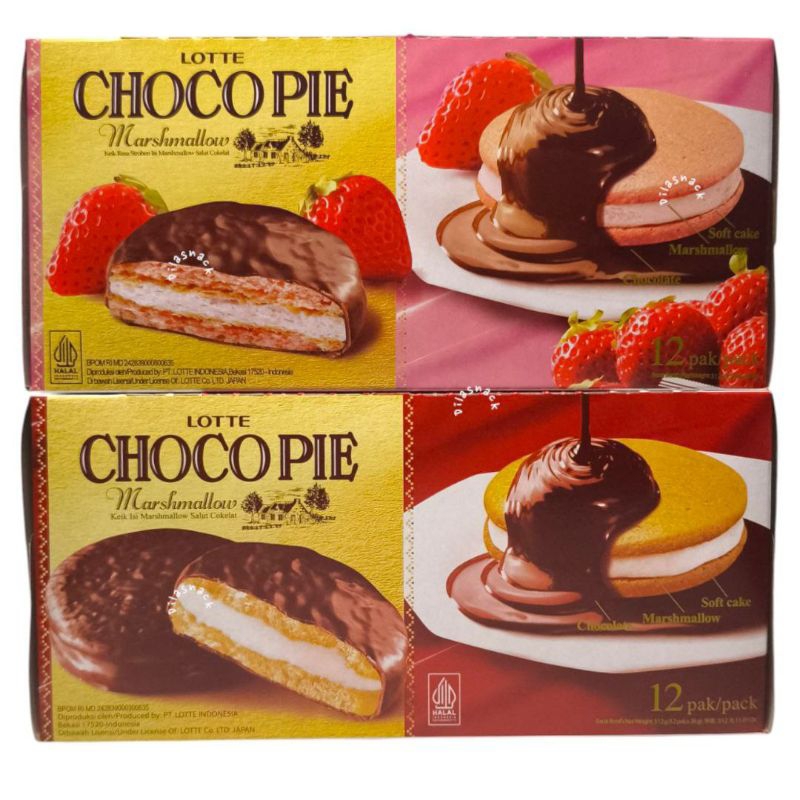 

LOTTE CHOCOPIE MARSHMALLOW 1box isi 12 @28gr chocopai coklat choco pie stroberi