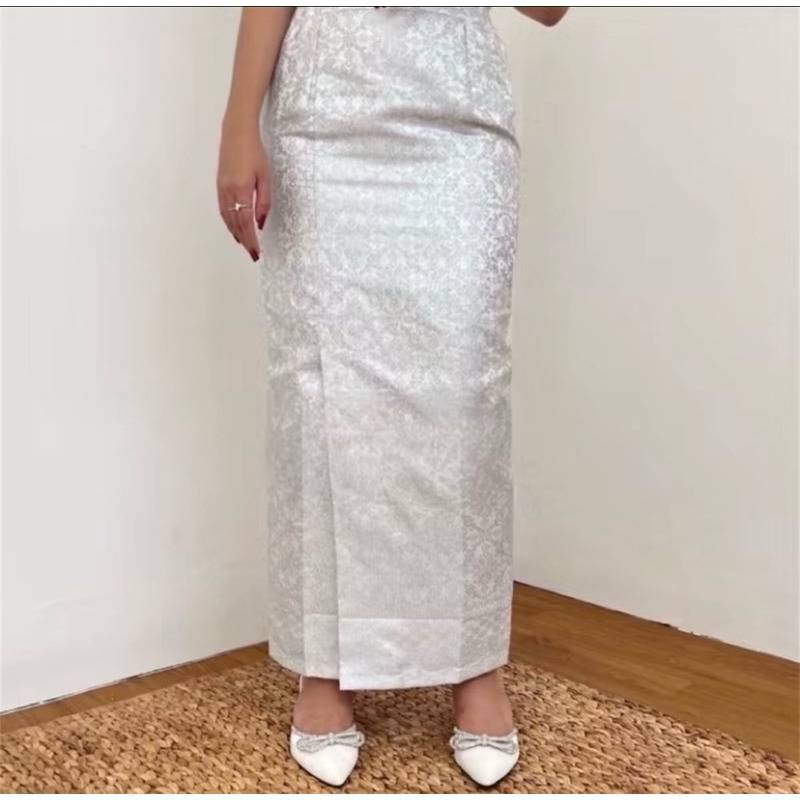 Rok Songket Span Jadi Pinggang Karet Rok Songket Wisuda Rok Kebaya Belah Rok Songket Silver Putih