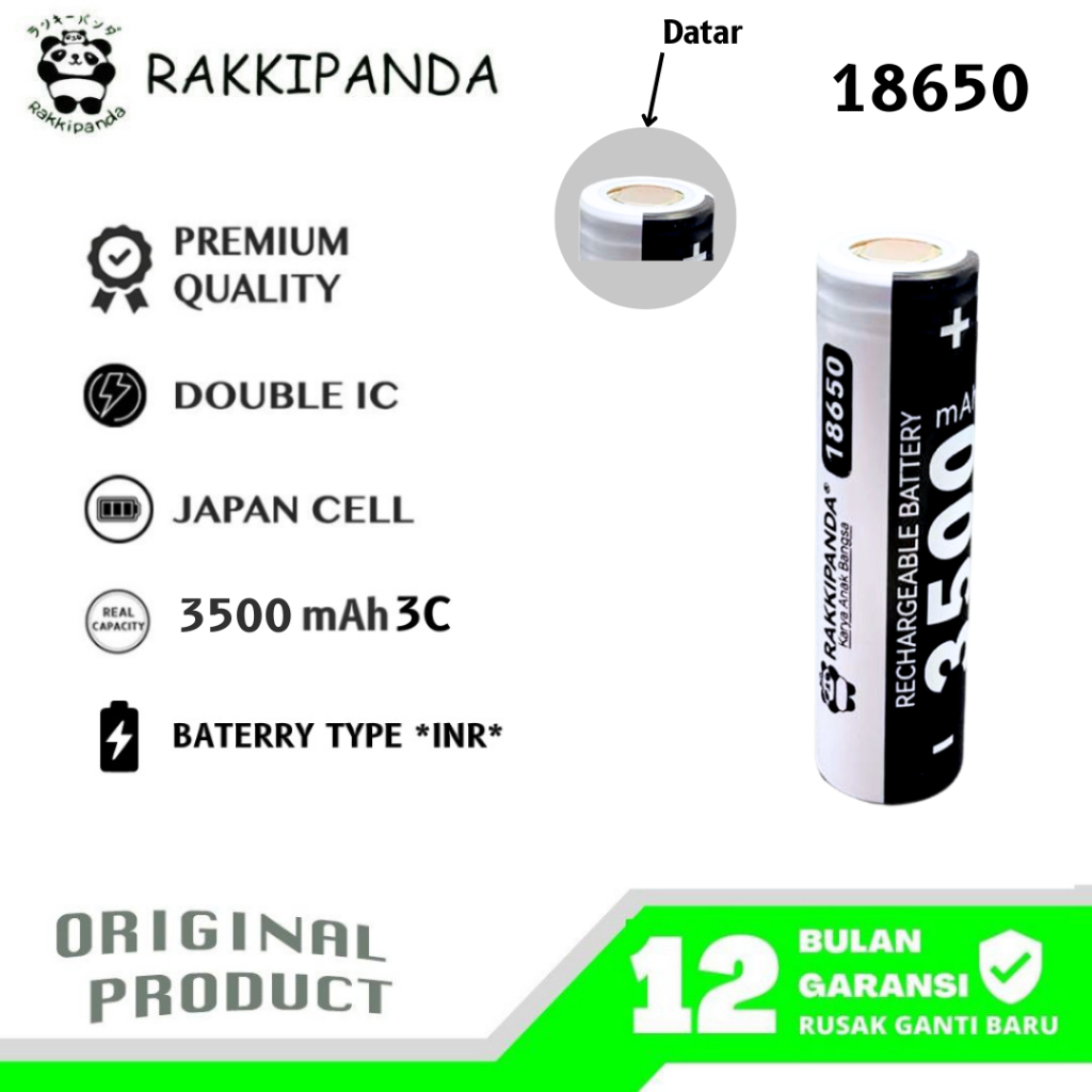 RakkiPanda - Baterai Cas 18650 Flat Top & Button Top 3500mAh