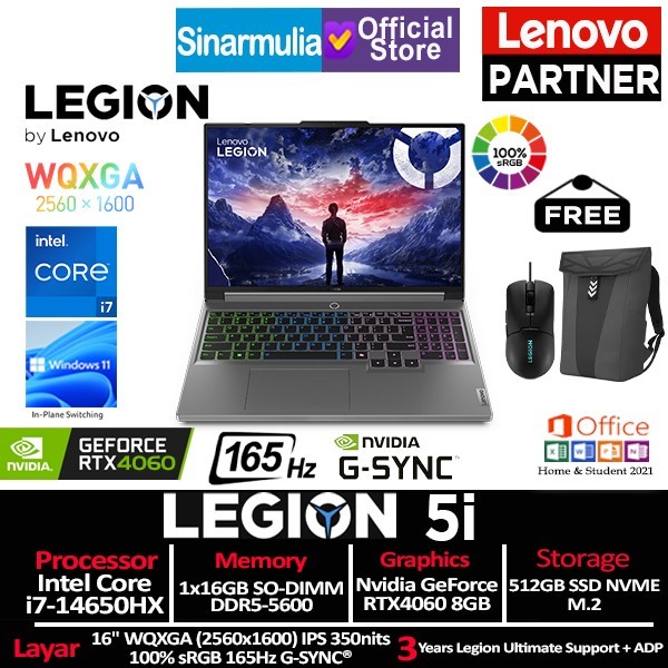 Lenovo Legion 5i i7-14650HX RTX4060 512GB SSD 16GB WQXGA 100%sRGB 165Hz Win11+OHS - 16GB_STANDAR