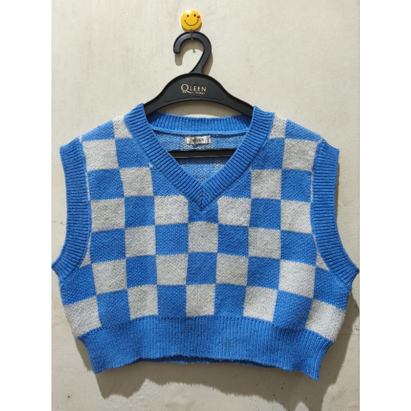 Preloved Vest Crop INGNI biru putih KOTAK