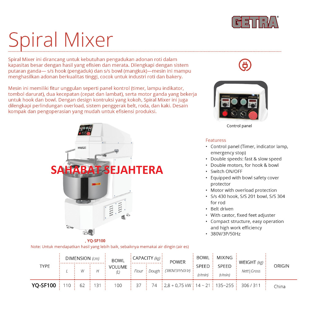 GETRA Spiral Mixer Roti Adonan Tepung YW-SF100 | Mesin Pengaduk Adonan Kental Heavy Duty