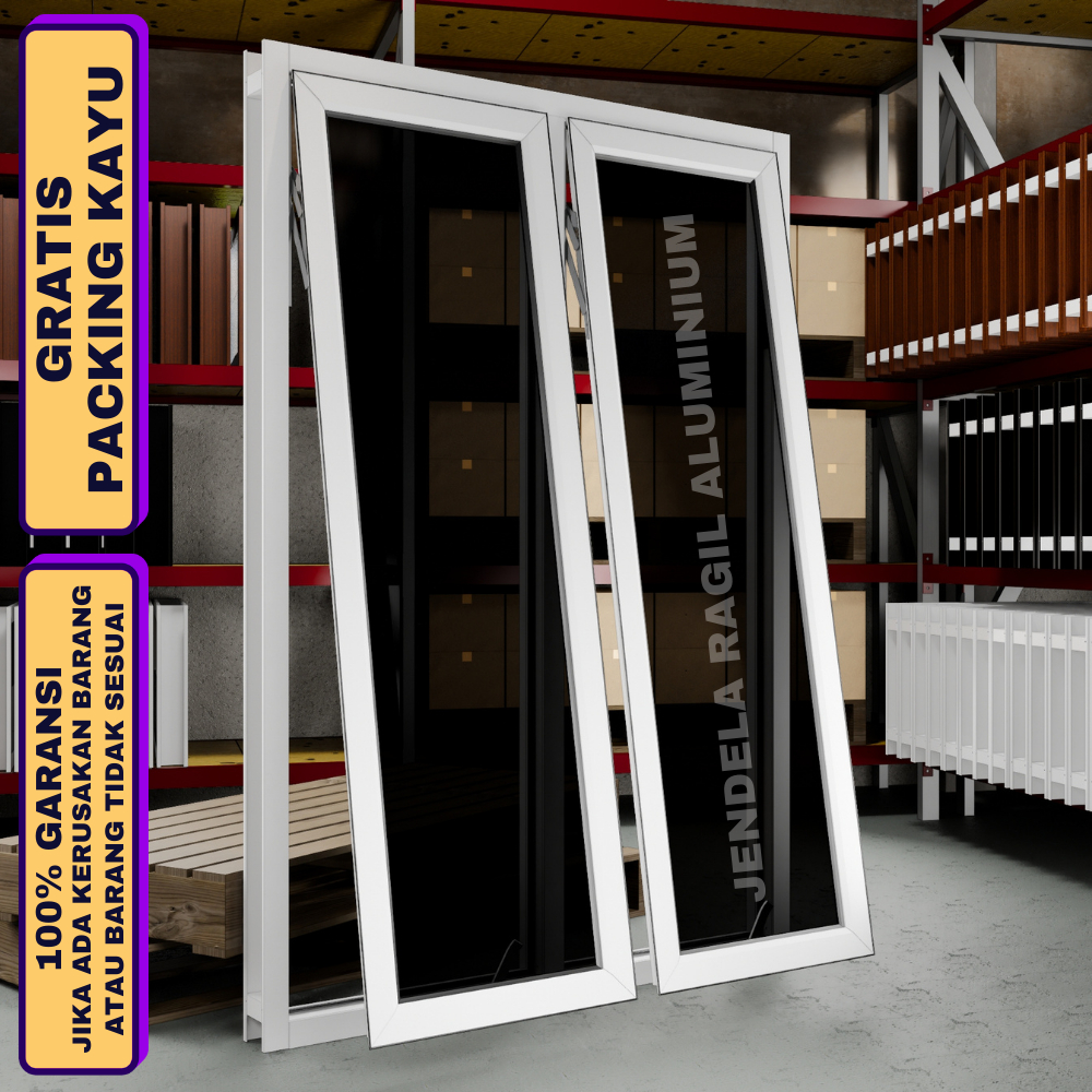 Jendela 2 Daun Aluminium Jungkit Kusen 4" Ukuran 150x40 cm Gratis Packing Kayu