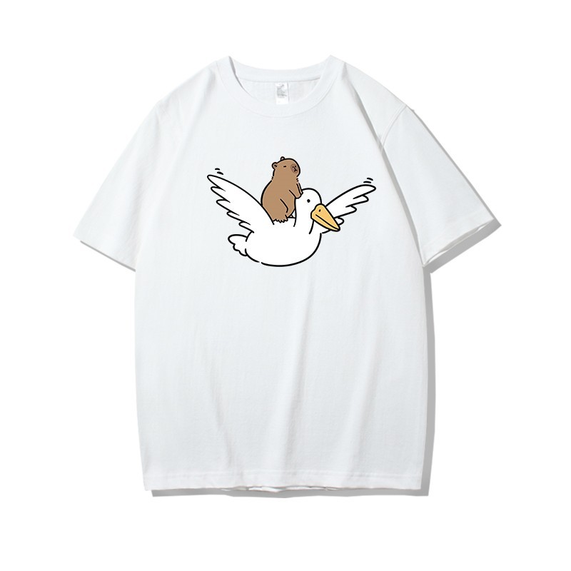 T-shirt Kapibara Buddha yang lembut dan lucu Longgar Pria hitam kaos oblong Bambu Katun Unisex murid