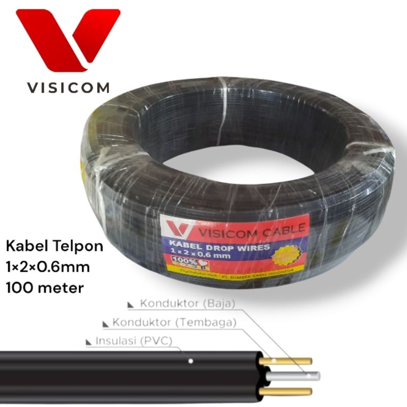 VISICOM Drop Wires Kabel Telfon 1×2×0,6mm Kabel Telepon Telefon Panjang 100 Meter Outdoor