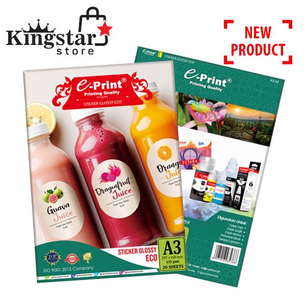 

Kertas Stiker Glossy ECO Sticker Glossy 135gsm ukuran A3 isi 20Lbr Anti Air