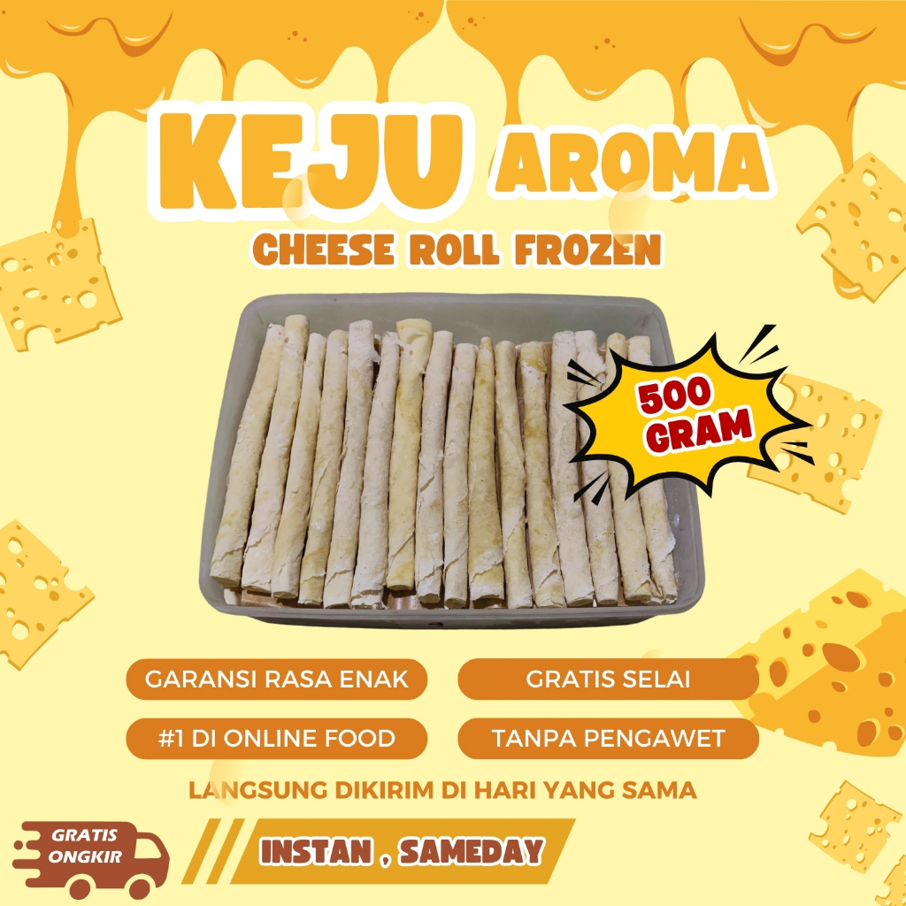 

CHEESE ROLL KEJU AROMA VIRAL 500 GRAM ISI 22 PCS FROZEN FOOD 1/2 KG GRATIS SELAI CEMILAN JAJANAN