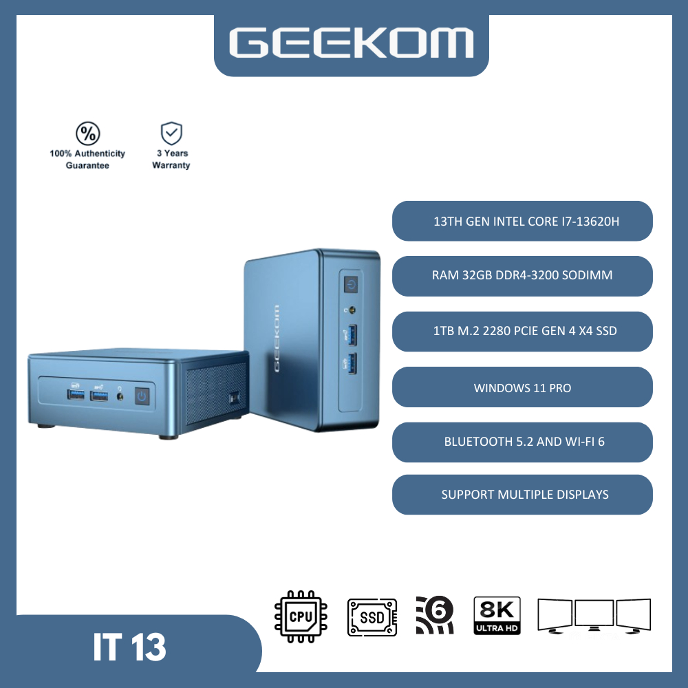 Geekom Mini PC IT13 Intel Core I7 13620H RAM 64GB 1TB SSD Windows 11 Pro PC Mini Gaming Office Wifi