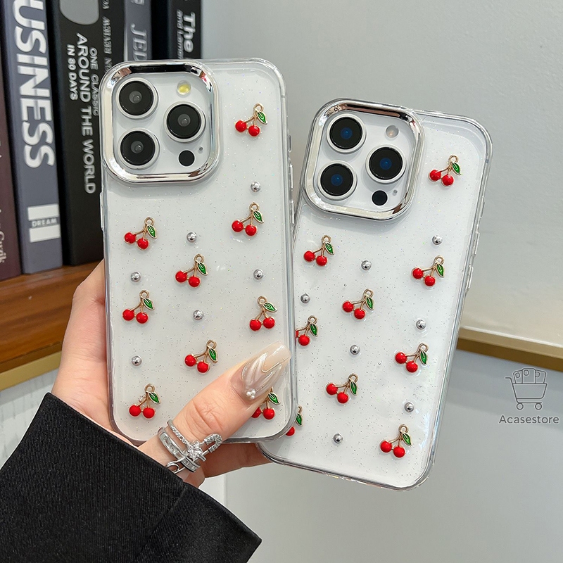 Case Iphone Cherry Aesthetic Clear Glitter - Hardcase/Case Hp Compatible For Iphone X Xr 11 12 13 14