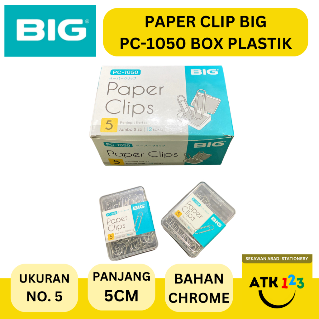 

Paper Clip Merk BIG / Penjepit Kertas PC-1050 No. 5 ukuran Jumbo 5 cm 50 pcs dengan Box Plastik