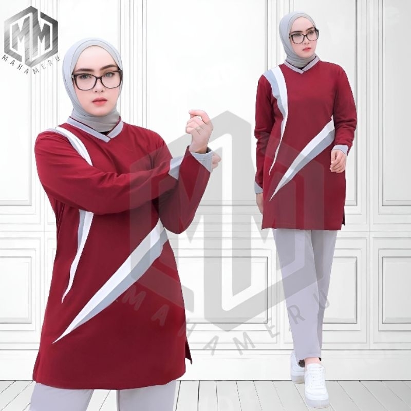 Seragam Kaos Olahraga Senam Wanita Muslimah Model Tunik Lengan Panjang / Setelan Baju Olahraga Senam