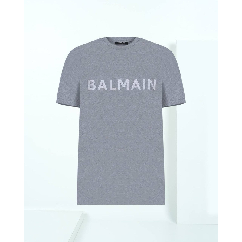 BALMAIN TSHIRT LIGHT GREY APLIQUE LOGO FOR MEN