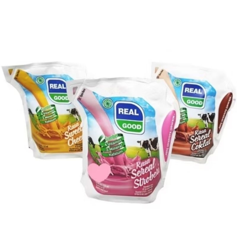 

REAL GOOD SUSU POUCH UHT 125ml 3PCS TEKO MINI COKLAT STRAWBERY CHEESE