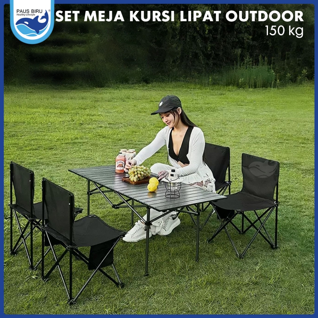 Paus Biru - Meja Kursi Lipat Outdoor 1 Set Meja Lipat Dan Kursi Lipat Portable Paket Kemping Alam [R