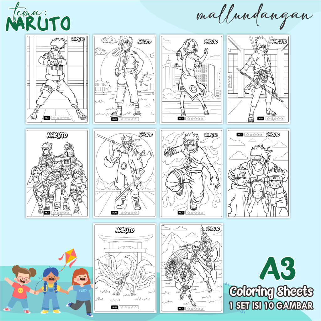 

LEMBARAN MEWARNAI ANAK A3 - TEMA NARUTO - PAPER COLORING SHEETS FOR KIDS