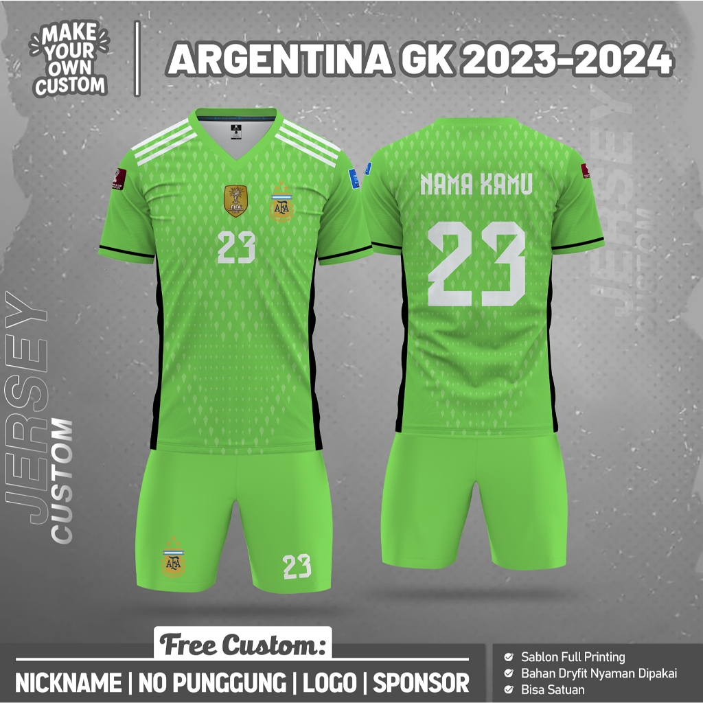 Baju Bola Argentina GK 2023 Jersey Free Custom Nama dan Nomor Punggung