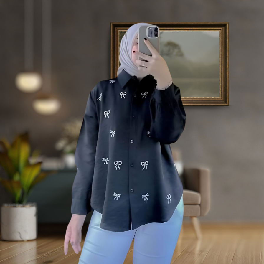 Atasan Wanita Baju Blouse Hitam Pekat Kemeja Motif Pita Bordir