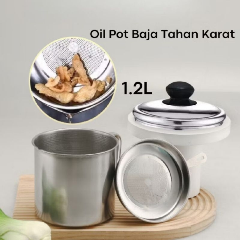 Wadah Minyak Goreng Stainless Steel 1,2 liter/Oil Pot Tempat Saring Minyak Goreng Bekas