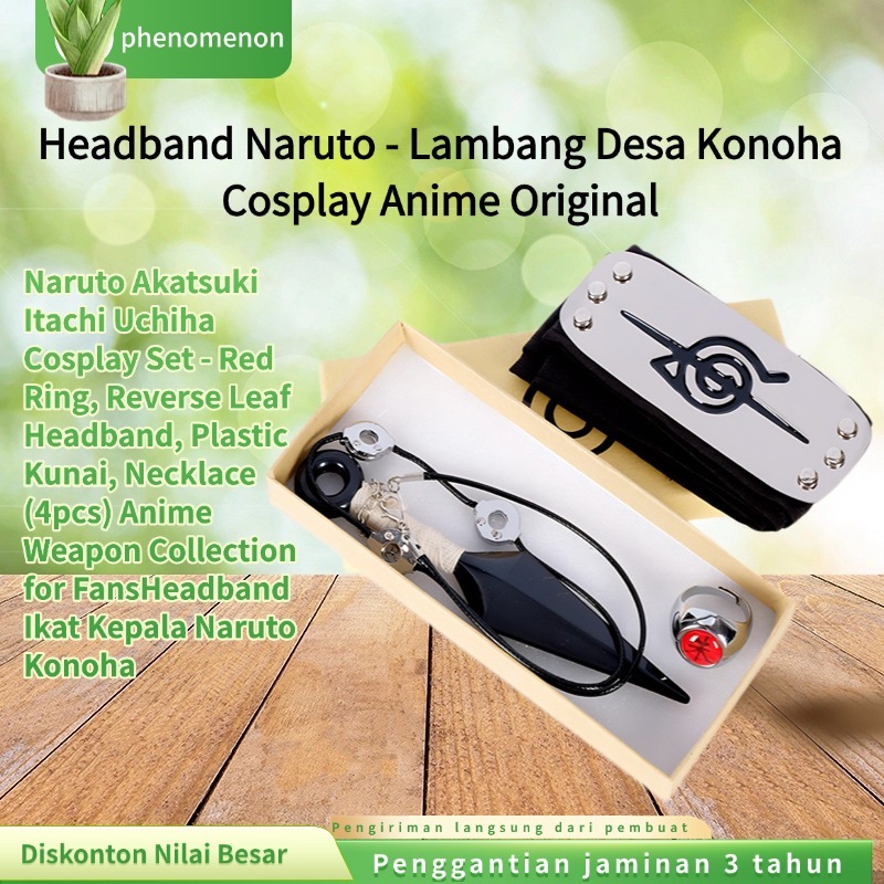 Naruto Akatsuki Itachi Uchiha Cosplay Set - Red Ring, Reverse Leaf Headband, Plastic Kunai, Necklace
