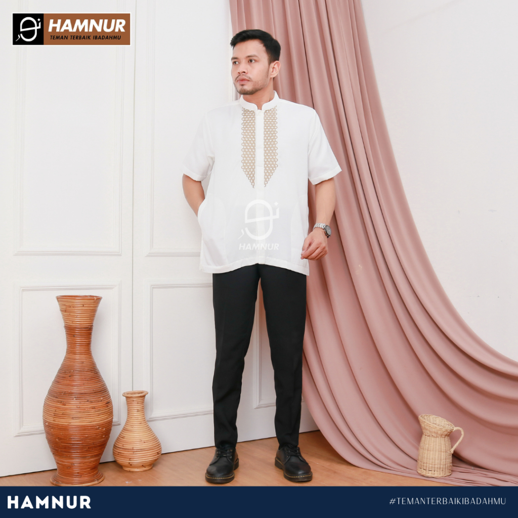 ORIGINAL Baju Koko Pria Dewasa Lengan Pendek Warna Putih Tulang Motif Bordir Gold Sultan Kualitas