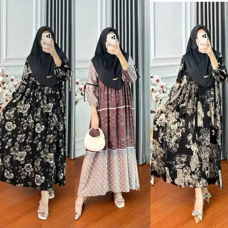 Middi Dress Pita Lengan Balon Bahan Rayon Diamond
