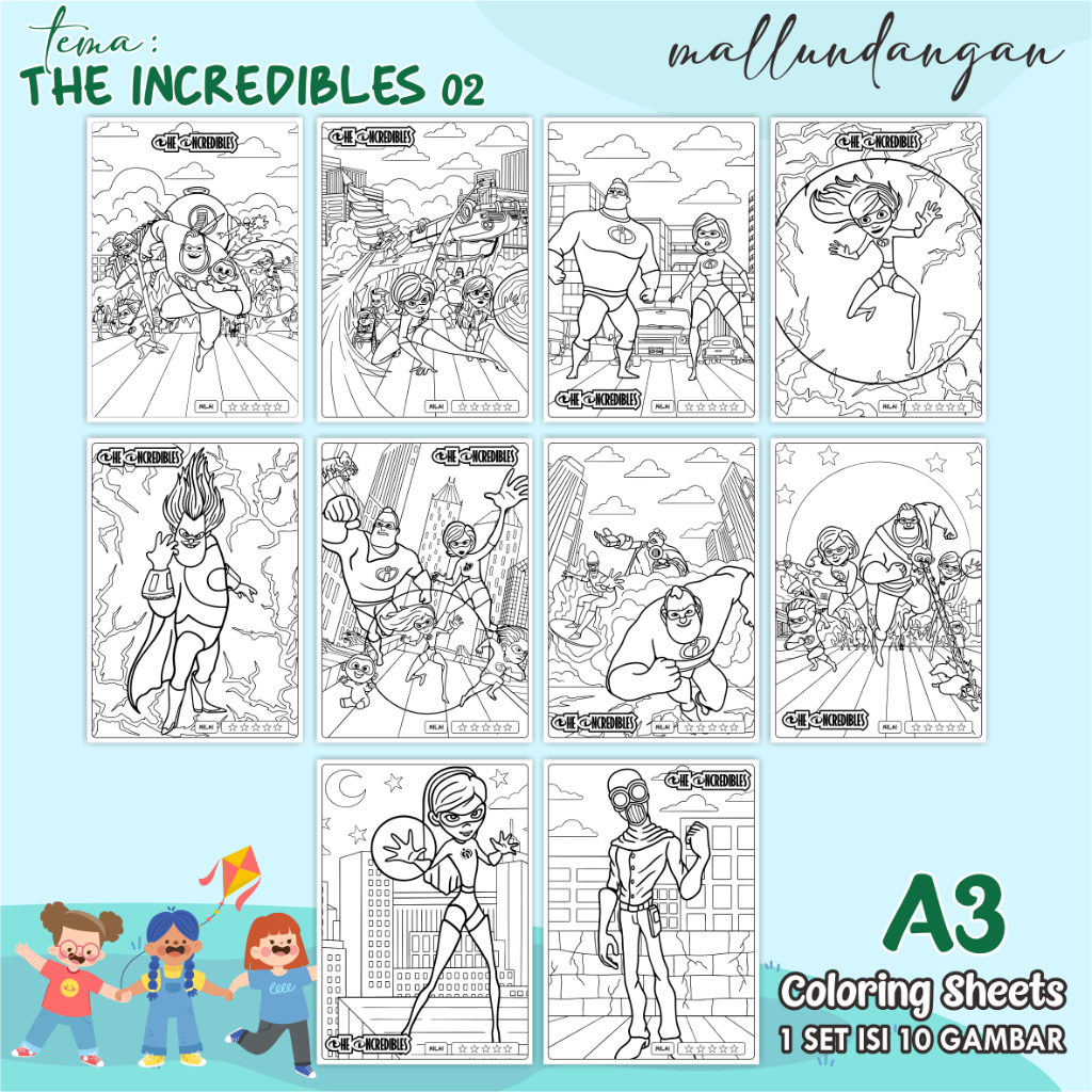 

LEMBARAN MEWARNAI ANAK A3 - TEMA THE INCREDIBLES 02 - PAPER COLORING SHEETS FOR KIDS