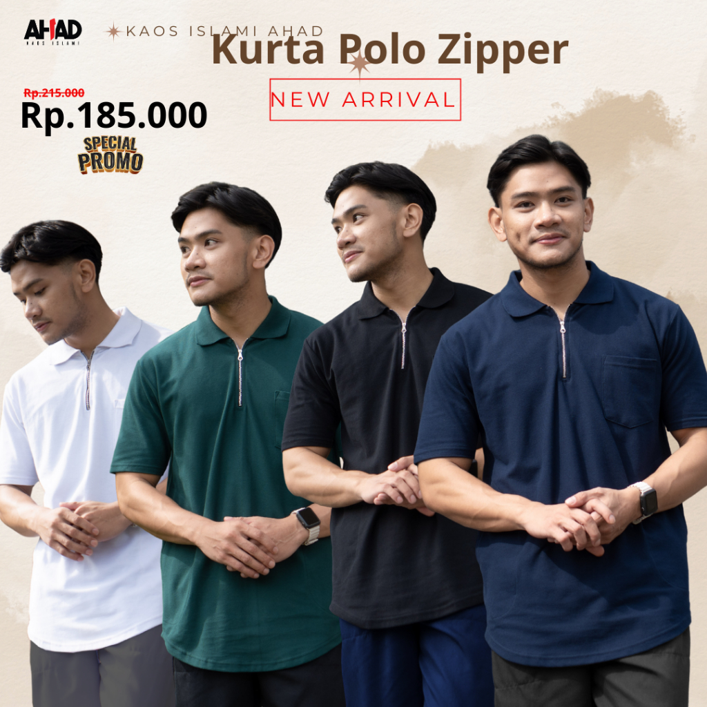 Kaos Polo Zipper - Baju Muslim Pria - Kaos Islami Ahad - Ukuran M - 3XL