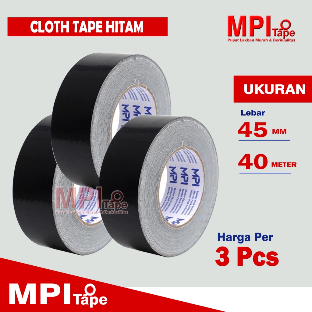 

3 PCS - Cloth Tape Hitam 45mm x 40 METER - Lakban Kain Warna Hitam 40m - Master Pack Indonesia
